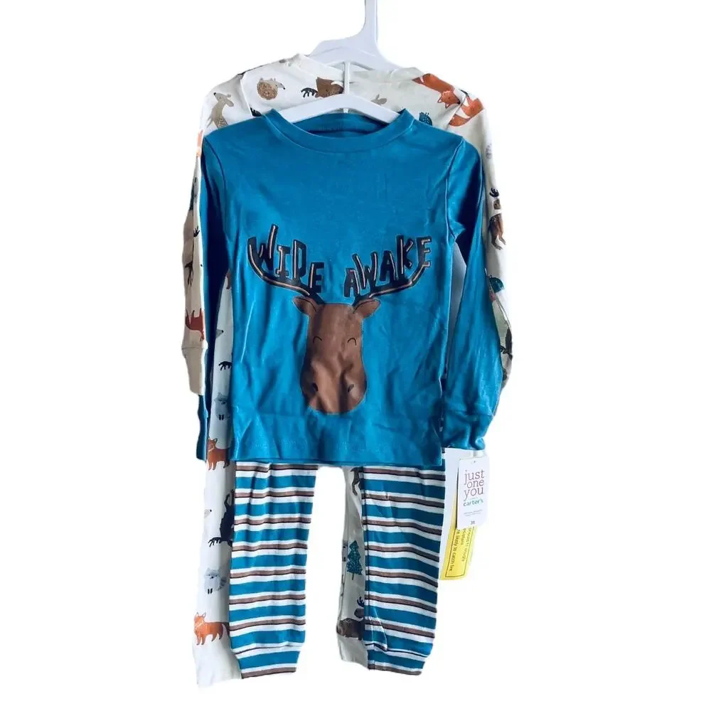 NEW Toddler 4PC Moose LONG SLEEVE SNUG FIT 3T PAJAMAS Carters BoysPJS Tops Pants
